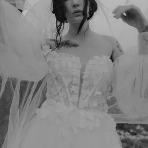 Off the shoulder floral appliqué tulle wedding ball gown corset balloon sleeves